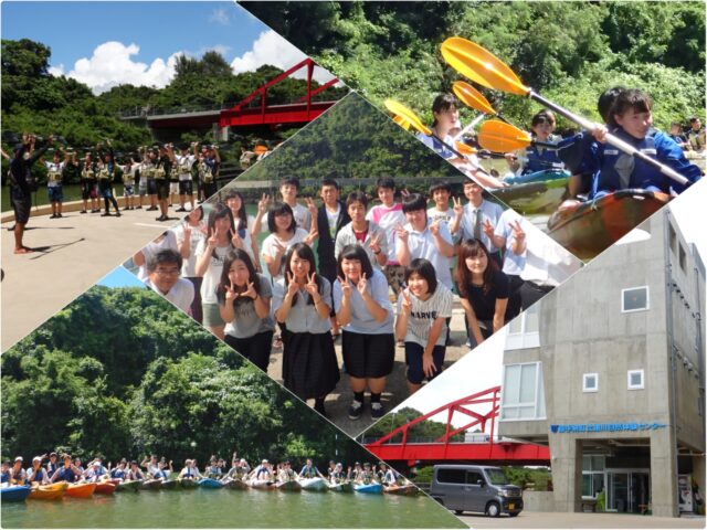 沖縄の比謝川でカヤックを体験する修学旅行生