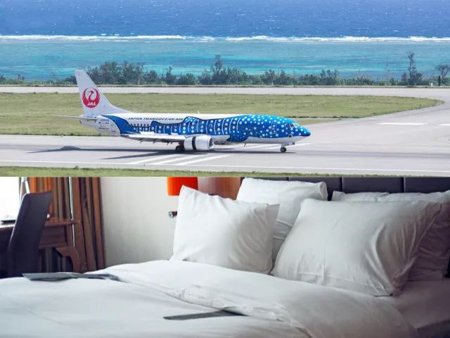 沖縄・与論島へのフライトと宿泊施設をイメージしたジンベエジェットと客室の様子。