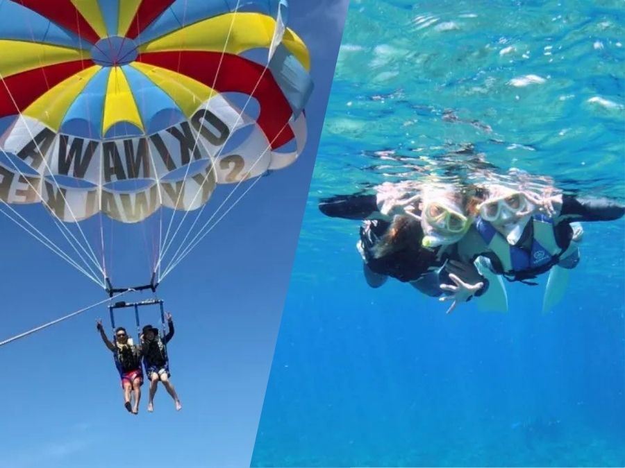 【沖縄・宜野湾】空と海を満喫！音楽が流れるサウンドパラセーリング＆少人数制シュノーケル☆移動なしで楽々セット体験《カメラ持込OK＆撮影付》（No.759）
