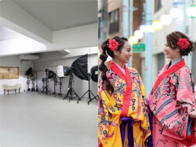 着物サロンのスタジオと2人の着物をきた女性