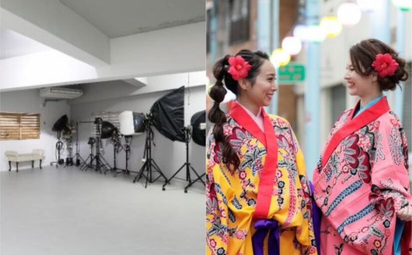 着物サロンのスタジオと2人の着物をきた女性