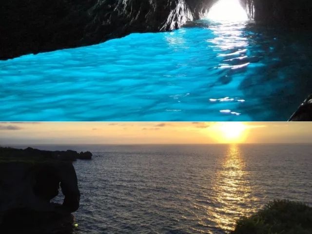 沖縄のドライブコース、真栄田岬の青の洞窟と東シナ海のサンセット。