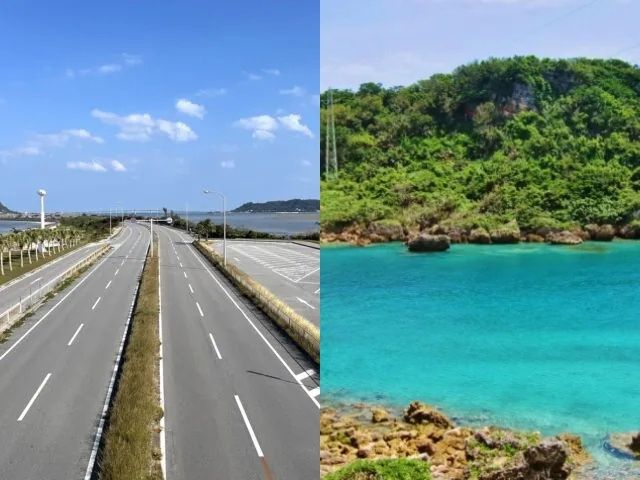 沖縄のドライブコース、うるま市の海中道路と伊計島へと続く青い海。