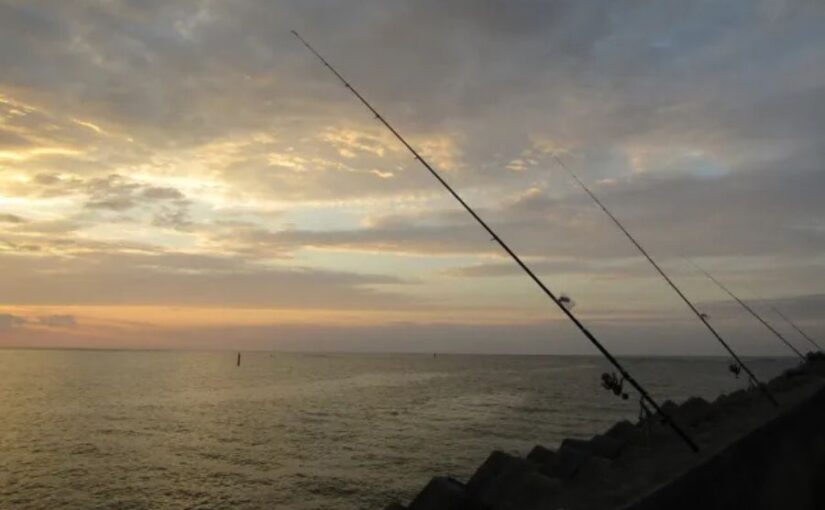 恩納村の釣り。夕日に照らされた防波堤にセットされた複数の釣竿