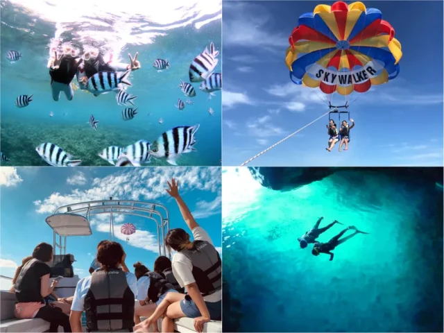 沖縄で人気のマリンスポーツ、パラセーリングとシュノーケリングの体験風景まとめ。