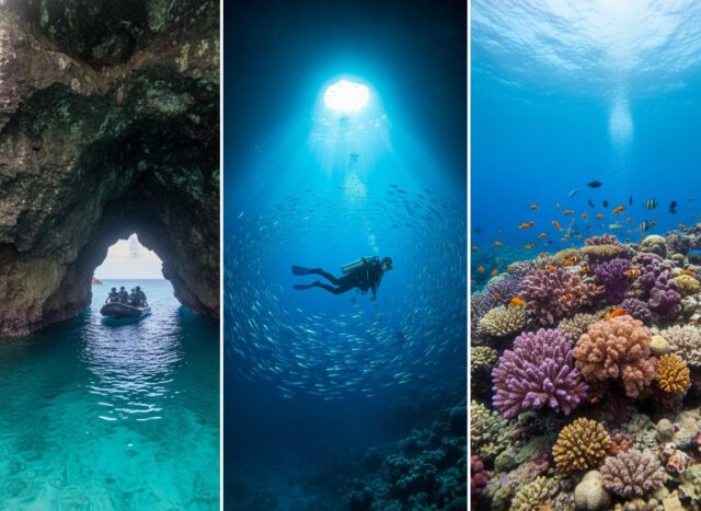 沖縄・恩納村の青の洞窟で体験ダイビングを楽しむ初心者ダイバー