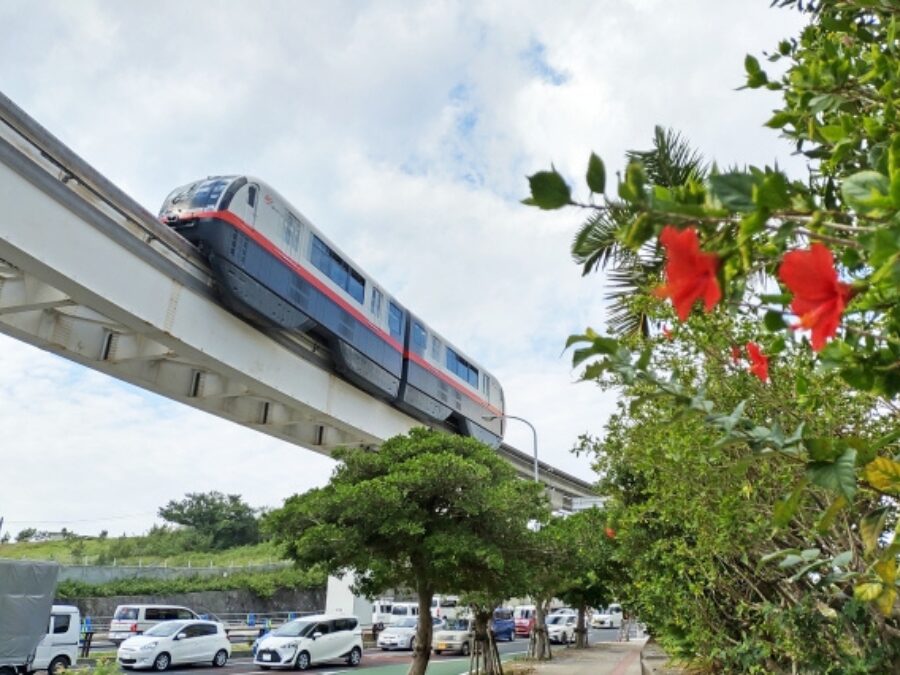 赤いハイビスカス越しに高架上を走るモノレール「ゆいレール」