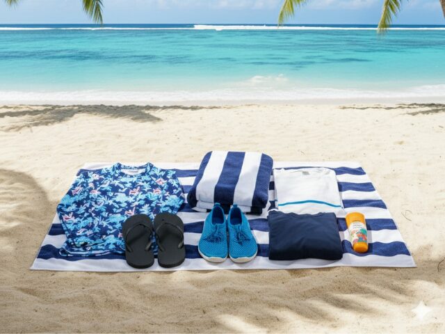 砂浜のビーチタオルの上に置かれたラッシュガード、サンダル、マリンシューズ、日焼け止め。