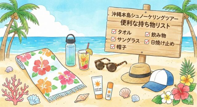 沖縄本島シュノーケリングツアーの便利な持ち物リストのイラスト。