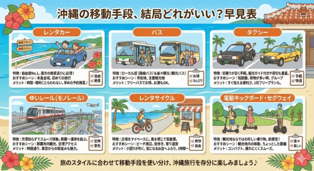沖縄の移動手段6種類の比較早見表