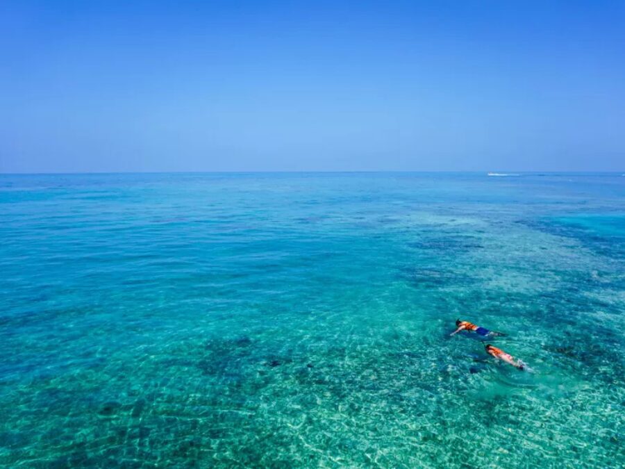 どこまでも続くエメラルドグリーンの澄んだ海で、シュノーケリングを楽しむ二人の様子。